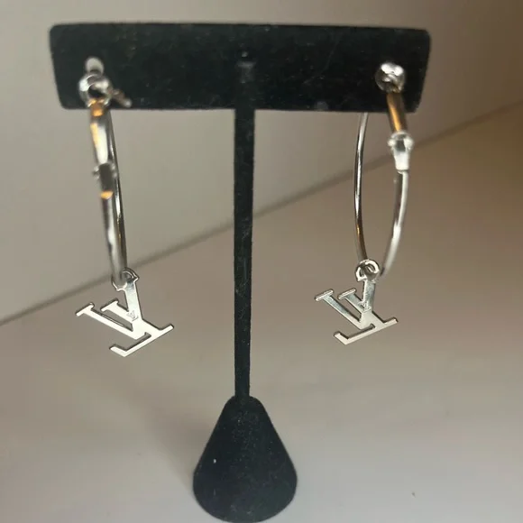 Upcycled Silver LV Louis Vuitton Stamped Charm 30mm Hoop Earrings - Picture 9 of 12